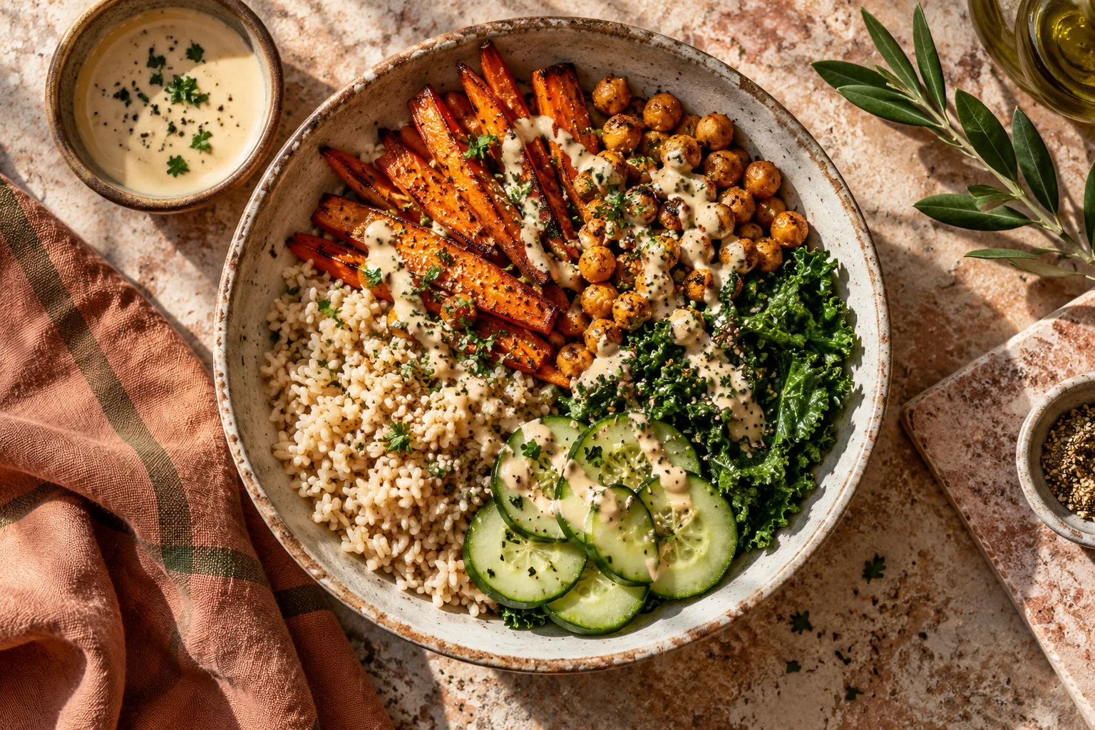Grain bowl with vegetables, chickpeas, and dressing