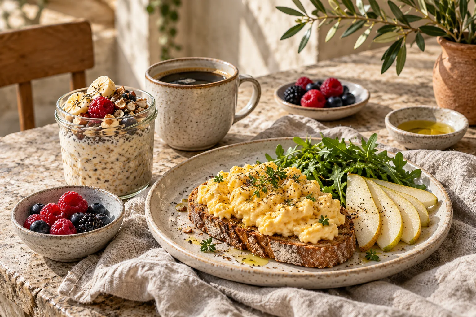 Oats, toast, fruit, and coffee arranged for breakfast