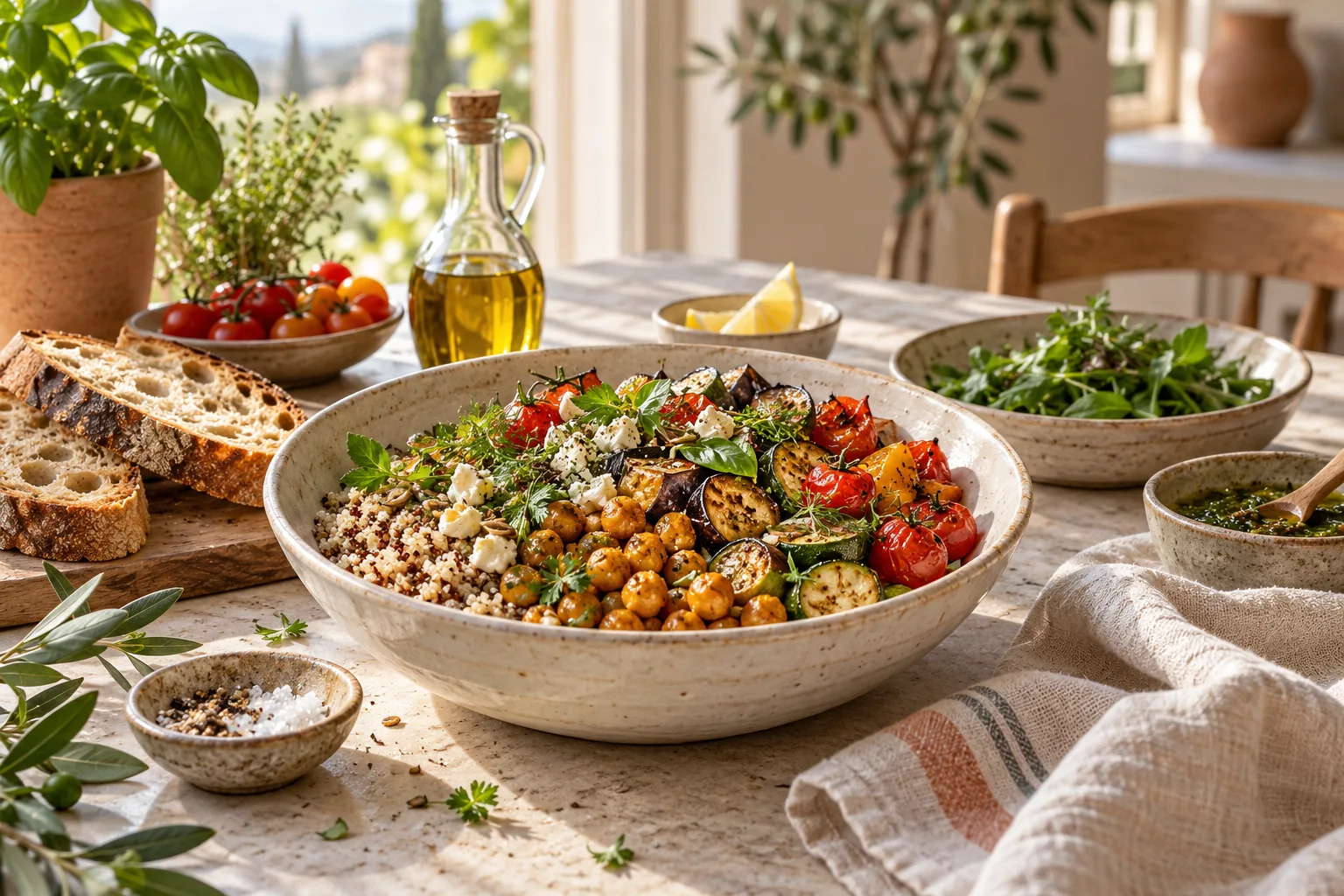 A sunlit table with produce, ceramic bowls, herbs, toast, and linen