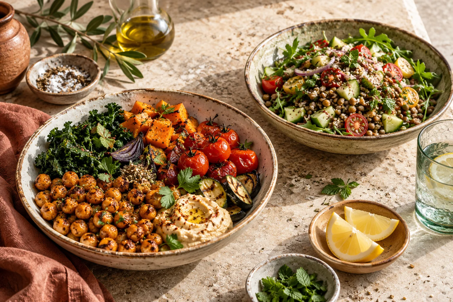 Plant-forward lunch bowls on a stone table