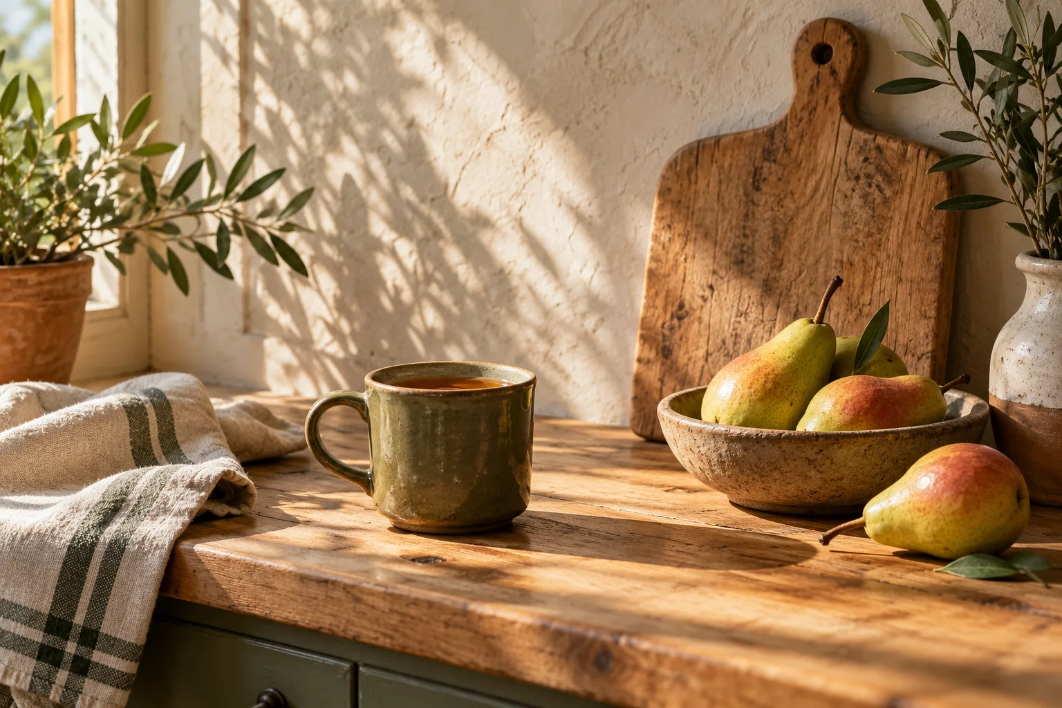 Tea and fruit on a sunlit kitchen counter